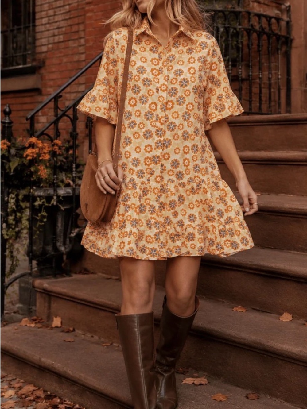 Floral Button-Front Short Sleeve Mini Dress in Mustard
